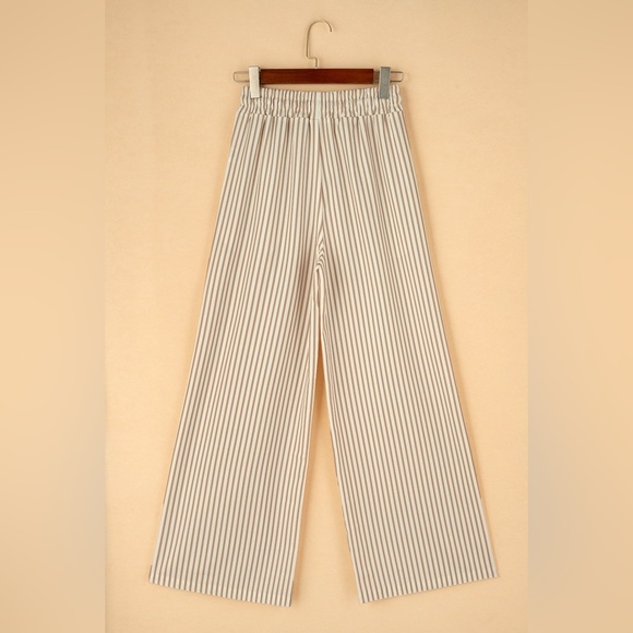 Khaki Stripe Print Wide Leg Drawstring Pants Bohemian - Picture 7 of 8